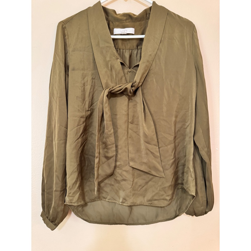 LOFT Womens Olive Green Tie Neck Long Sleeve Blouse Satin Finish Top Small